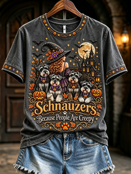 Women's Schnauzers Because People Are Creepy Halloween Print Short-sleeved T-shirt
