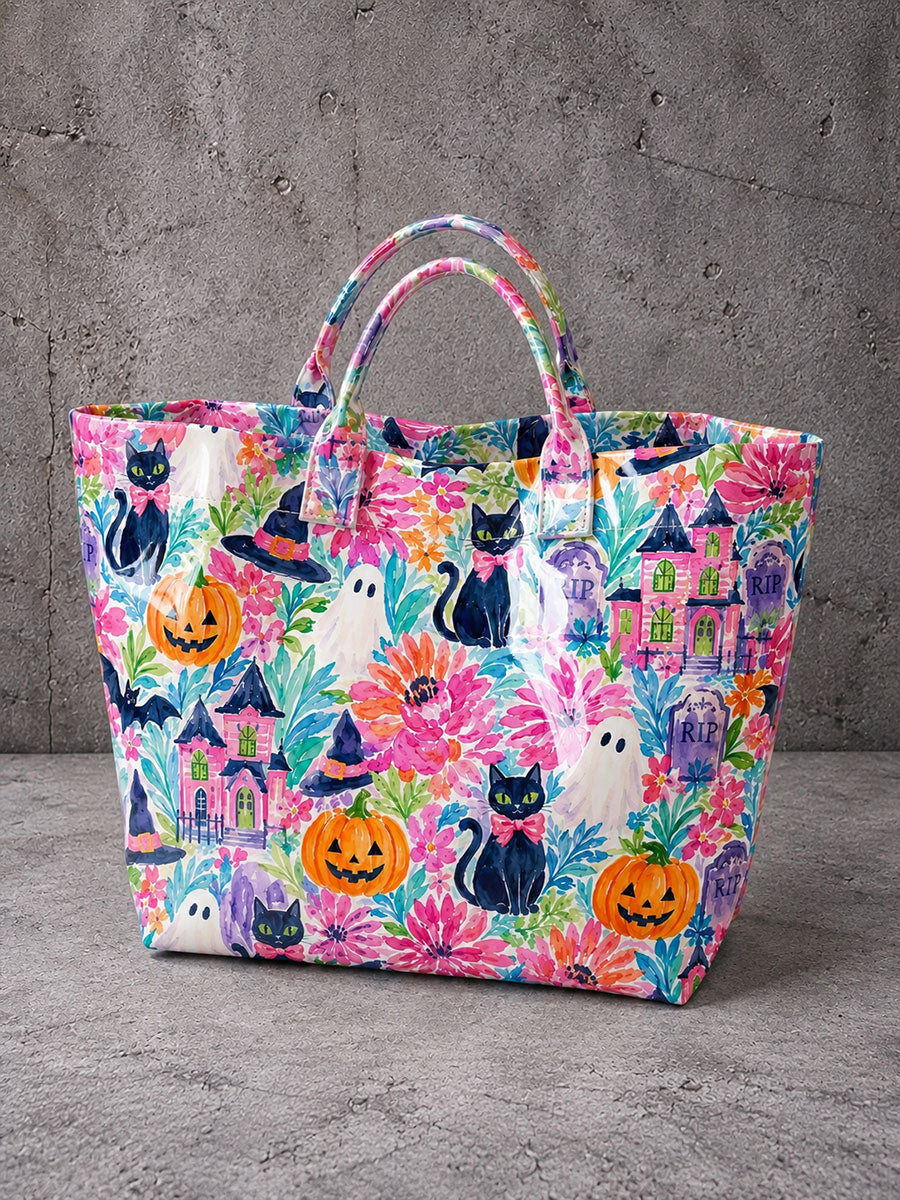 Women's Halloween Black Cat, Ghost, and Pumpkin Handbag