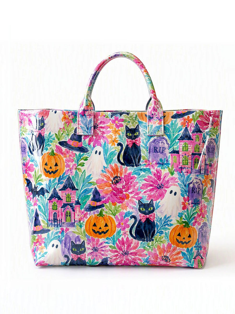 Women's Halloween Black Cat, Ghost, and Pumpkin Handbag