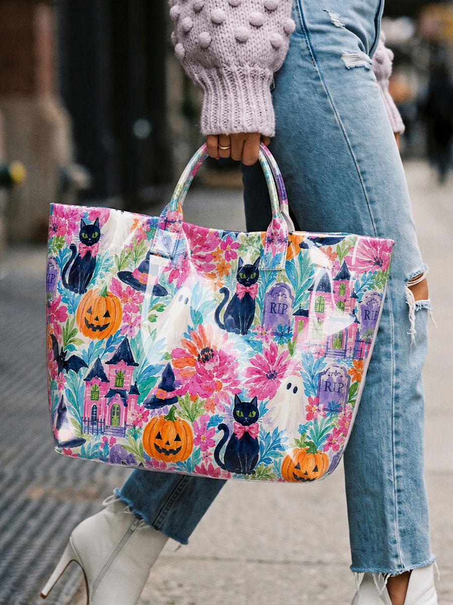 Women's Halloween Black Cat, Ghost, and Pumpkin Handbag