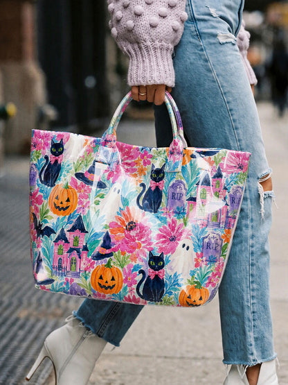 Women's Halloween Black Cat, Ghost, and Pumpkin Handbag