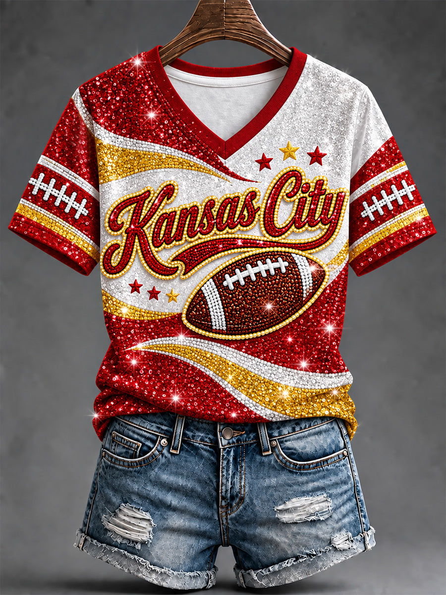 Women's Football Gameday Gift For Football Fans Print V-Neck Tee