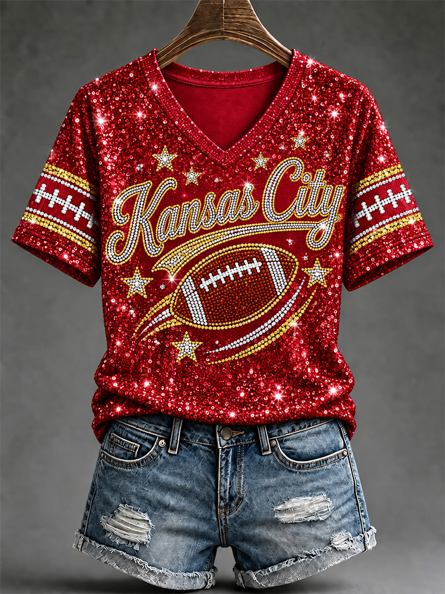 Women's Football Gameday Gift For Football Fans Print V-Neck Tee