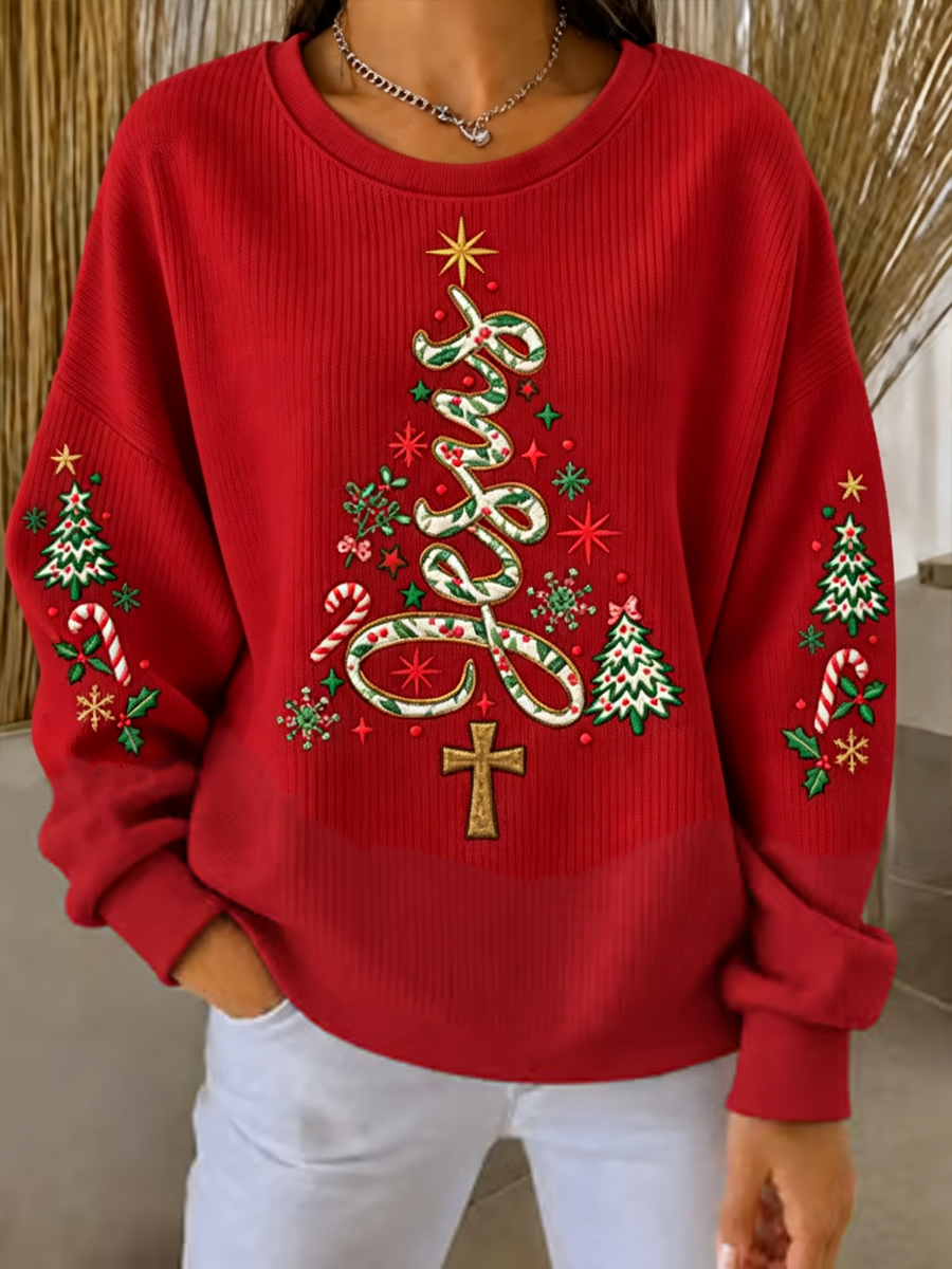 Women's Jesus Christmas Tree Printed Ribbed Round-Neck Sweatshirt