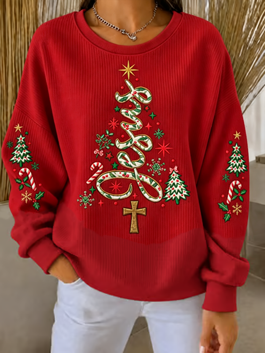 Women's Jesus Christmas Tree Printed Ribbed Round-Neck Sweatshirt