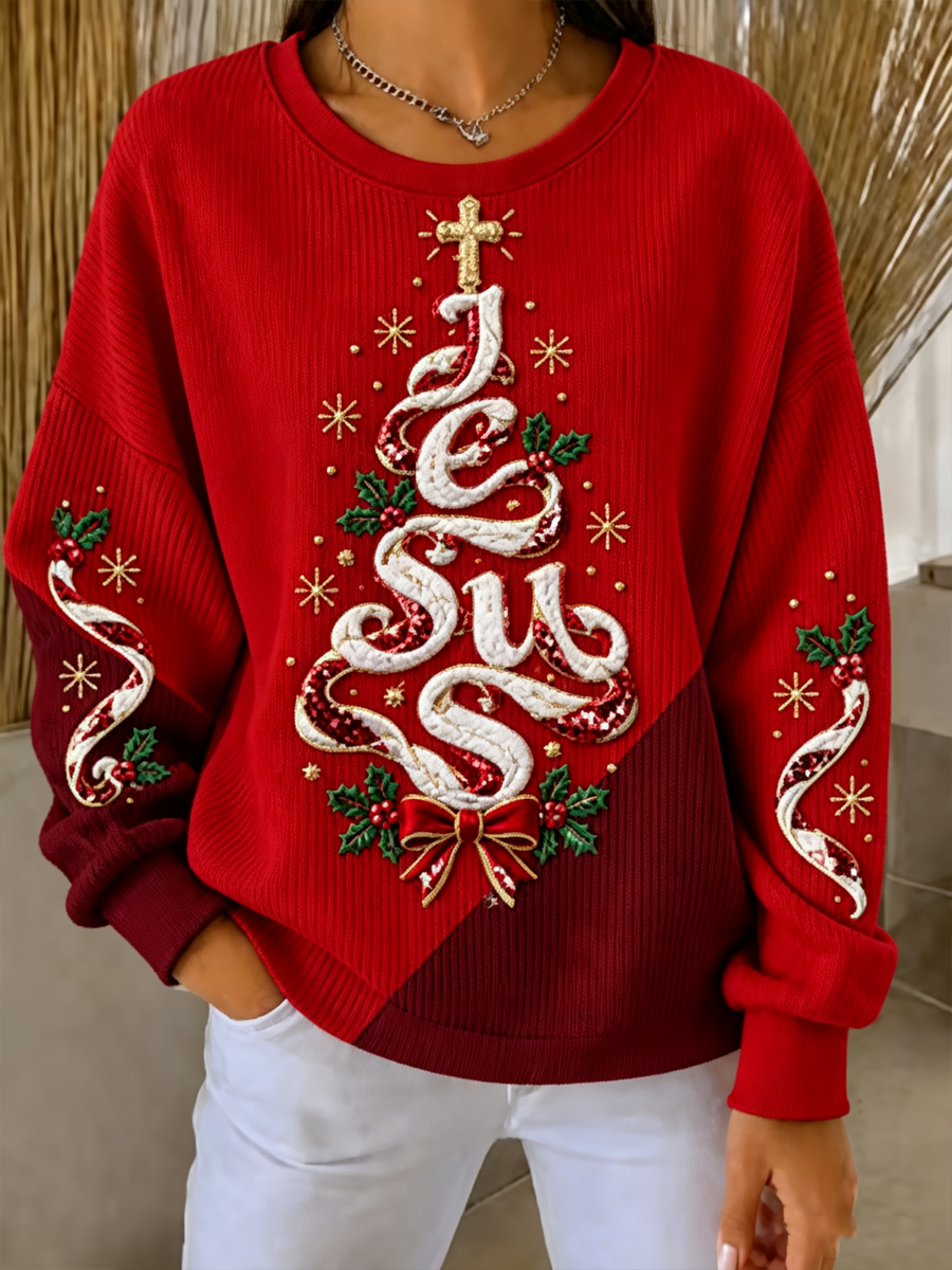 Women's Jesus Christmas Tree Printed Ribbed Round-Neck Sweatshirt
