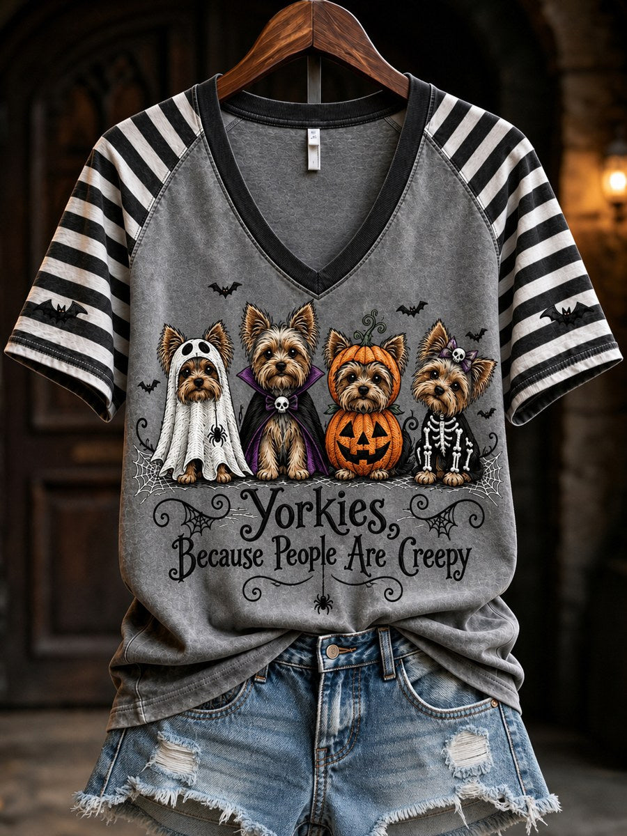 Women's Yorkies Because People Are Creepy Halloween Dogs Striped Print short-sleeved T-shirt