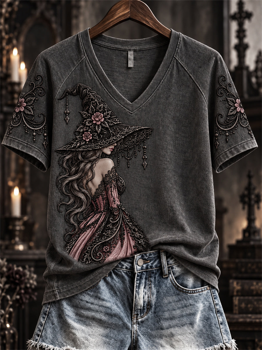 Women's Halloween Gothic Pink Witch Lace Art Print short-sleeved T-shirt