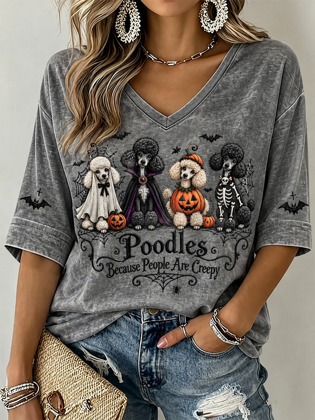Women's Halloween-Themed Dog Pattern Casual Mid-length Sleeves V-Neck T-Shirt