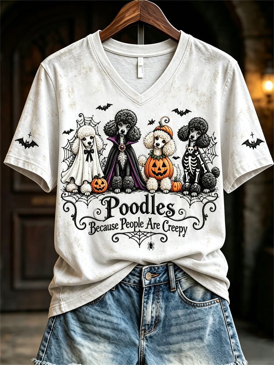 Women's Poodles Because People Are Creepy Halloween Dogs Print short-sleeved T-shirt