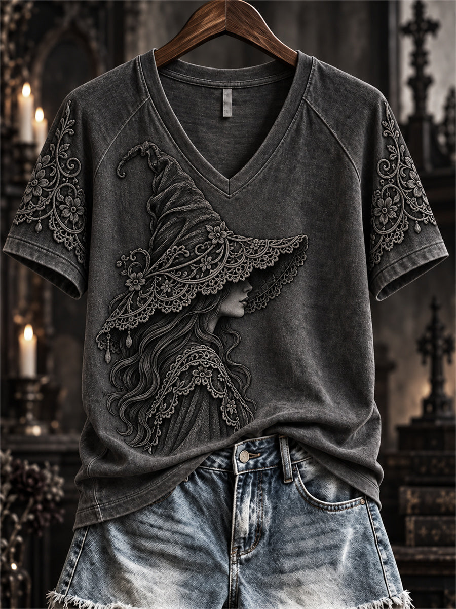 Women's Halloween Gothic Witch Lace Art Print short-sleeved T-shirt