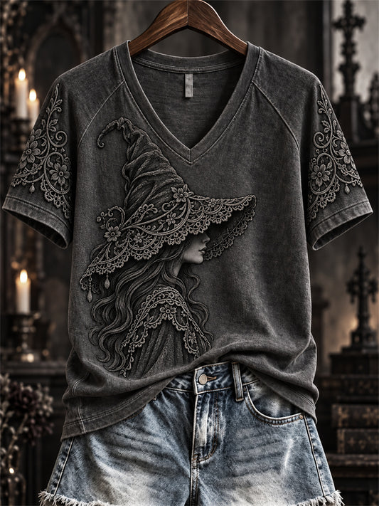 Women's Halloween Gothic Witch Lace Art Print short-sleeved T-shirt