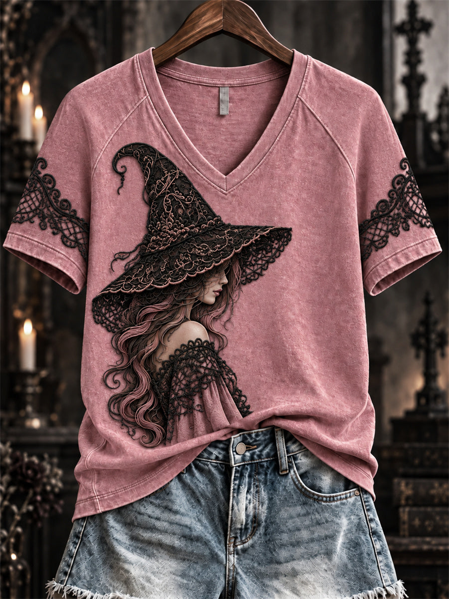 Women's Halloween Gothic Witch Lace Art Print short-sleeved T-shirt