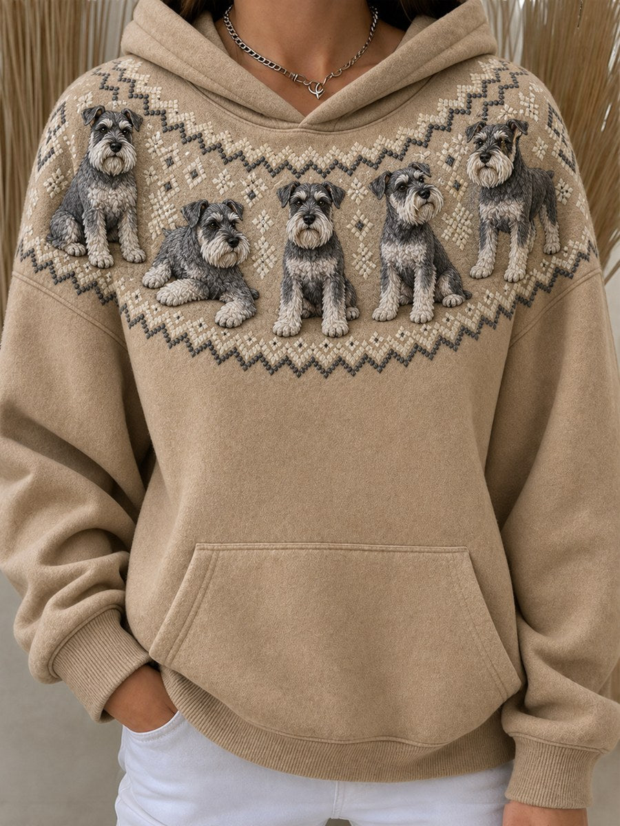 Women's Vintage Schnauzer Yoke Isle Pattern Print Oversize Hoodies