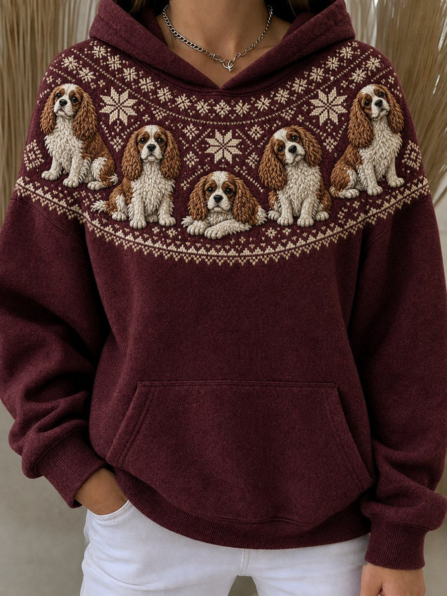Women's Vintage Cavalier Dogs Yoke Isle Pattern Print Oversize Hoodies