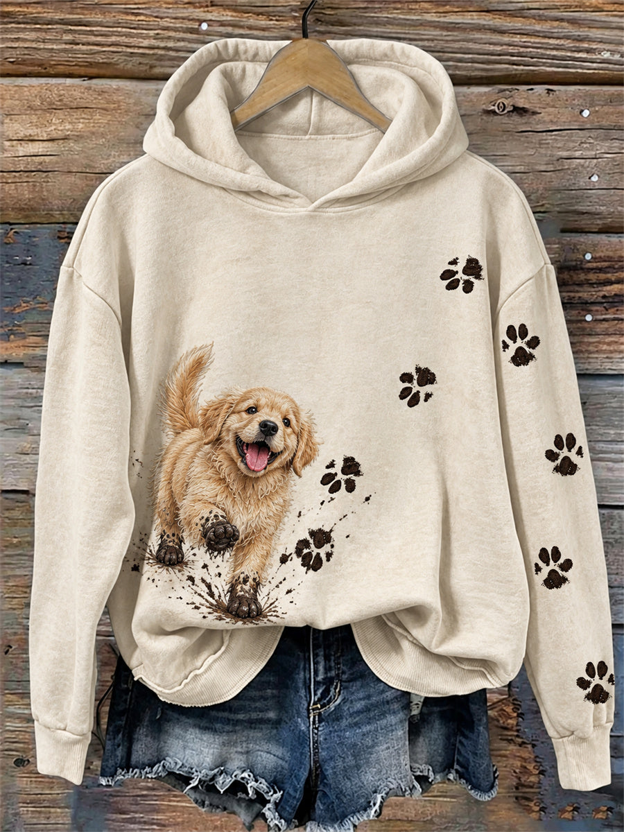 Women's Funny Dirty Golden Retriever Dog & Paw Prints Print Cozy Hoodie