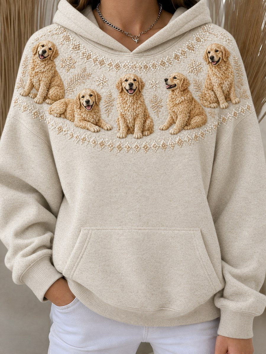 Women's Vintage Golden Retriever Dogs Yoke Isle Pattern Print Oversize Hoodies