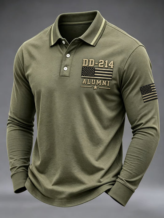 Men's Veterans Day DD-214 Alumni US Flag Print Casual Long Sleeve Polo