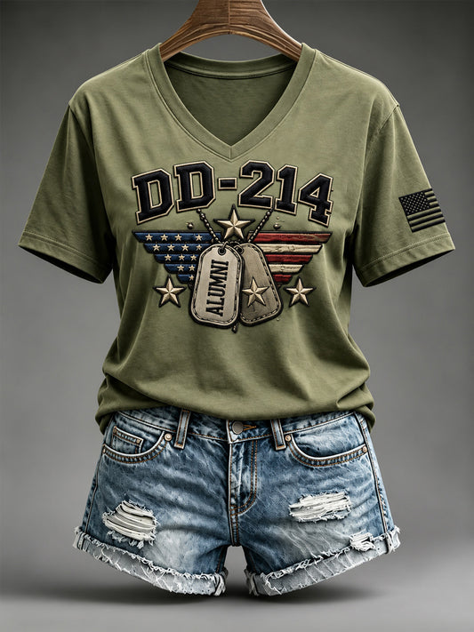 Women's Veterans Day DD-214 Alumni US Flag Print Casual V-Neck Tee