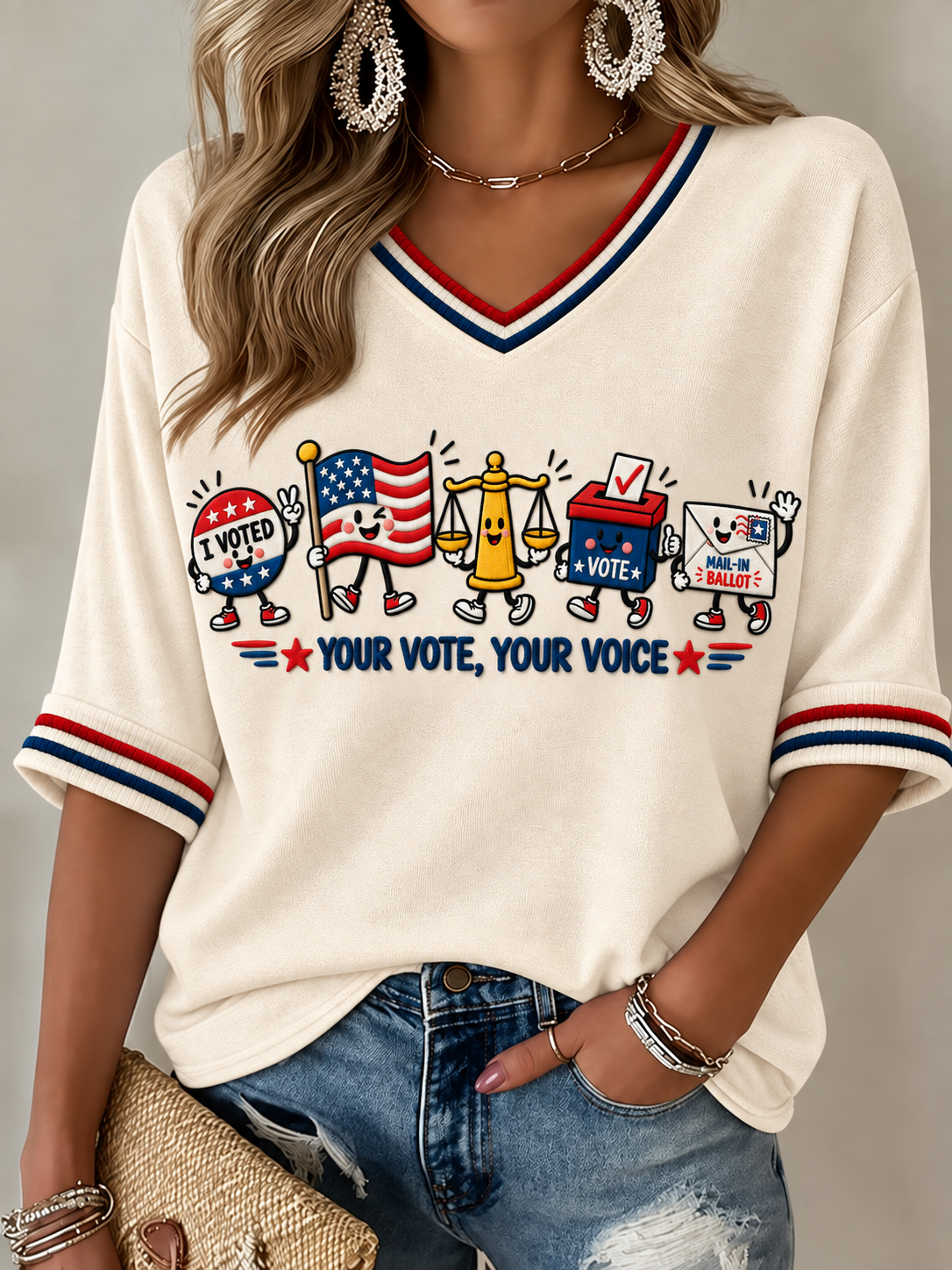 Women's VOTE Mid-length Sleeves V-Neck T-Shirt