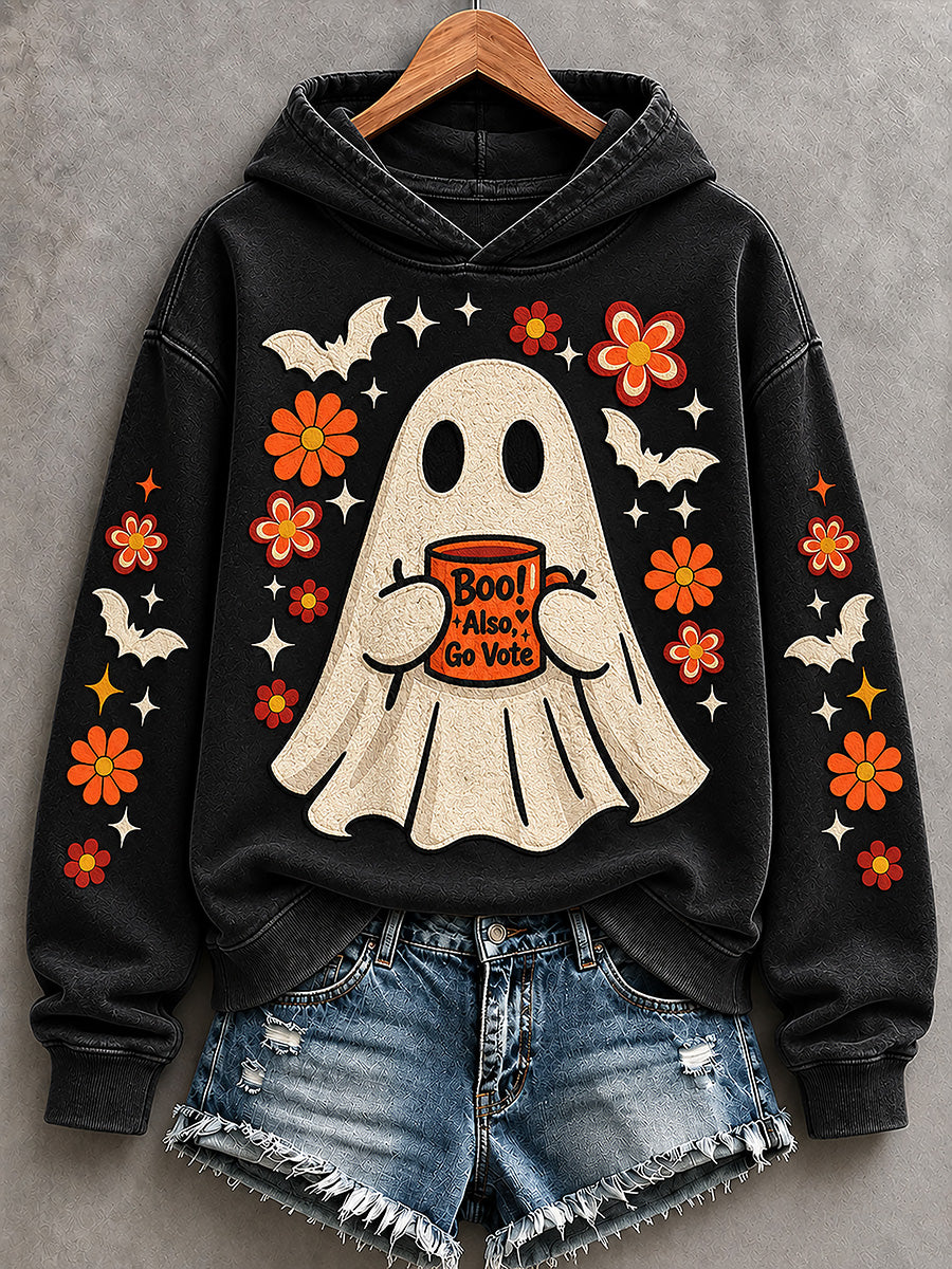 Women's Boo Also Go Vote Halloween Ghost Print Cozy Hoodie