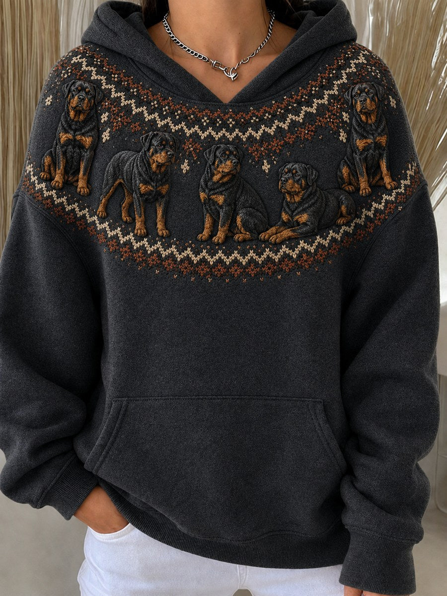 Women's Vintage Rottweiler Dogs Yoke Isle Pattern Print Cozy Oversize Hoodies