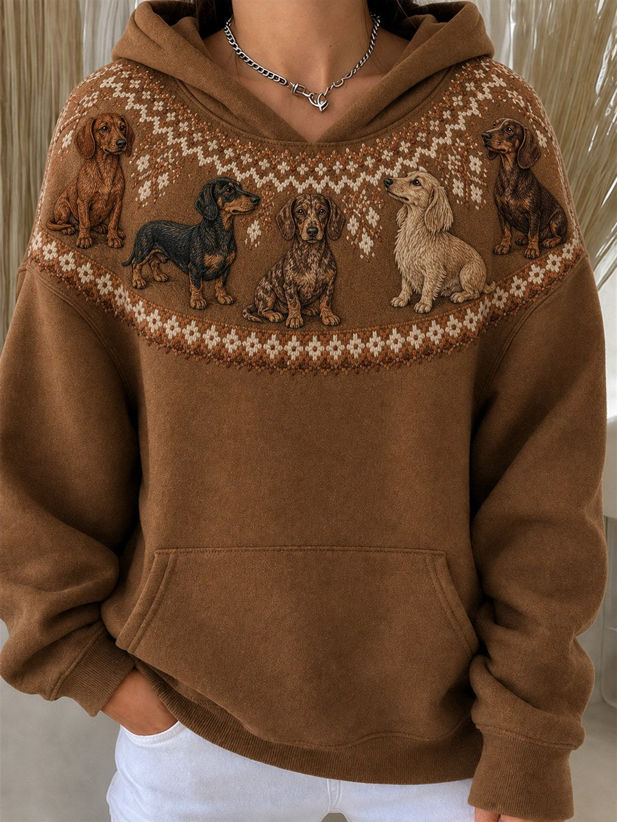 Women's Vintage Dachshund Dogs Yoke Isle Pattern Print Cozy Oversize Hoodies
