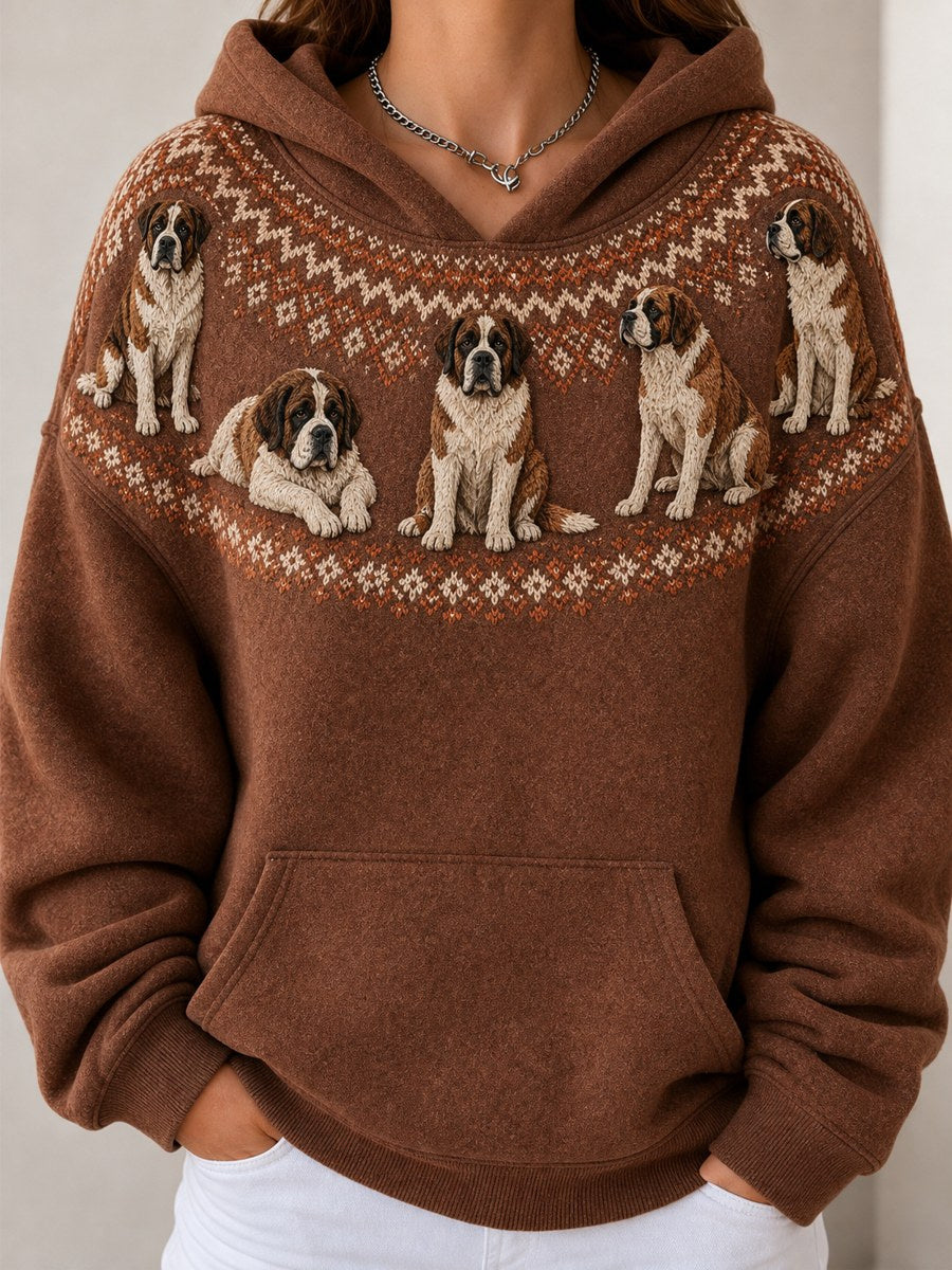 Women's Vintage Saint Bernard Dogs Yoke Isle Pattern Print Cozy Oversize Hoodies