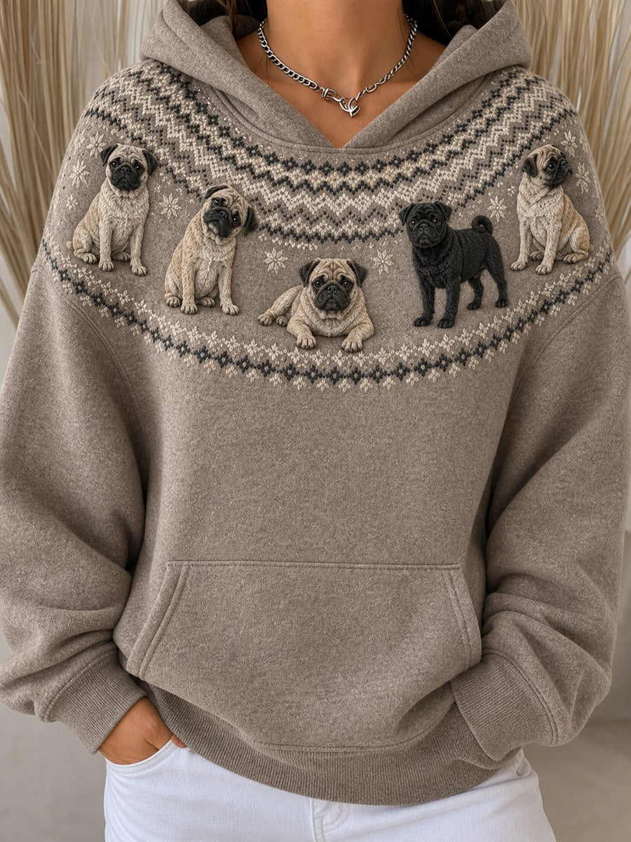 Women's Vintage Pug Dogs Yoke Isle Pattern Print Cozy Oversize Hoodies
