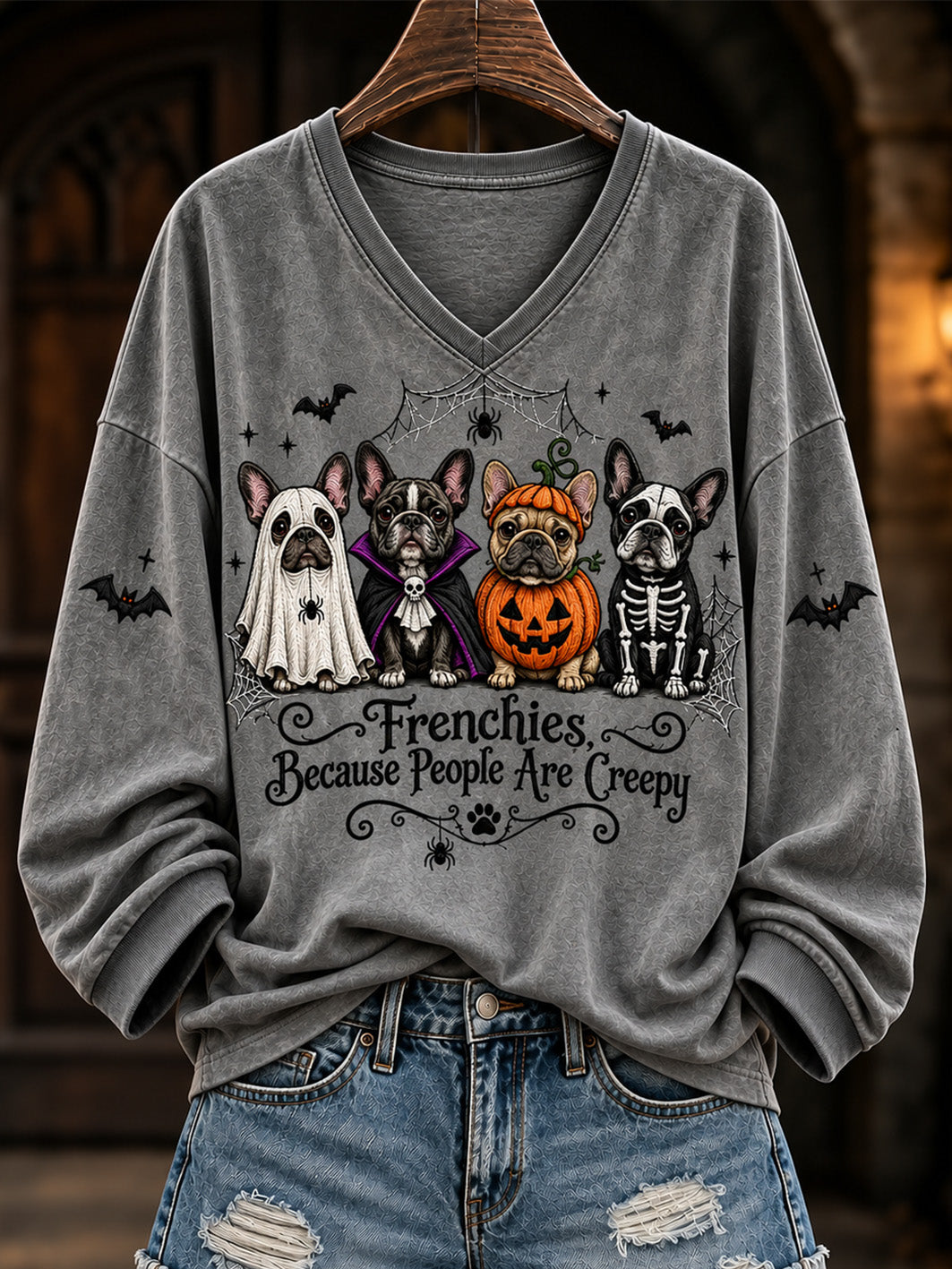 Women's  Frenchies  Because People Are Creepy Halloween Dogs Print short-sleeved T-shirt
