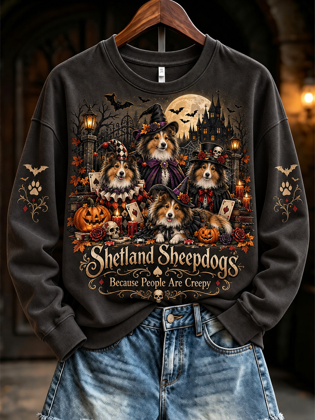 Women's Shetland Sheepdogs  Because People Are Creepy Halloween Dogs Print Regular Sweatshirt