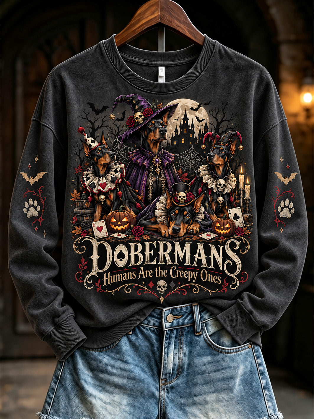 Women's Dobermans  Because People Are Creepy Halloween Dogs Print Regular Sweatshirt
