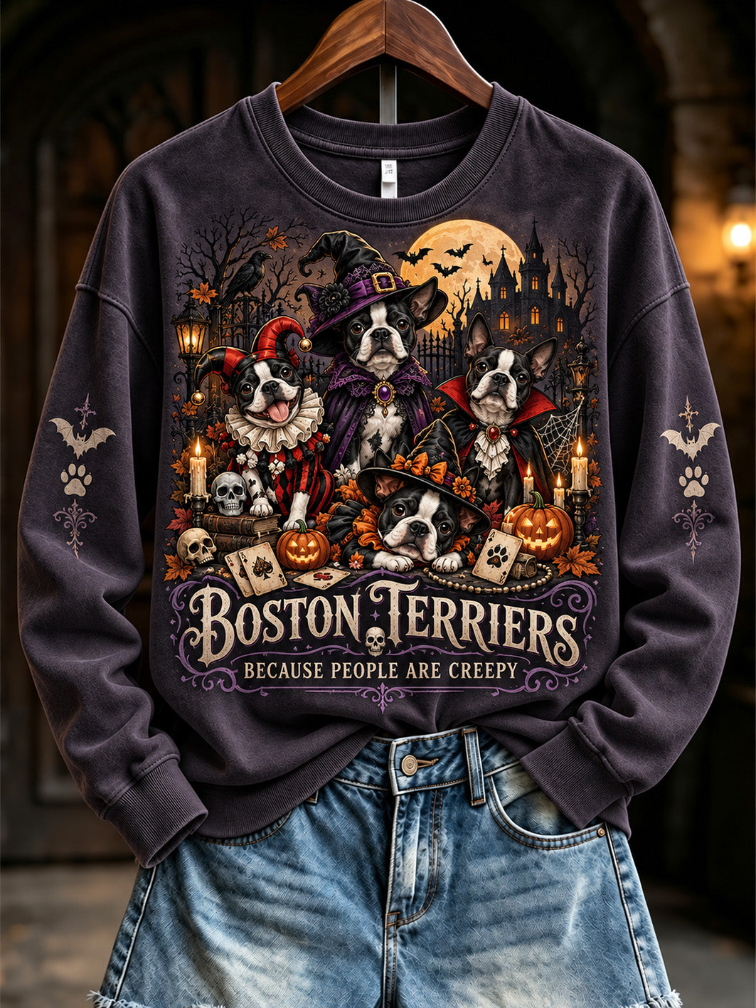 Women's Boston Terriers  Because People Are Creepy Halloween Dogs Print Regular Sweatshirt
