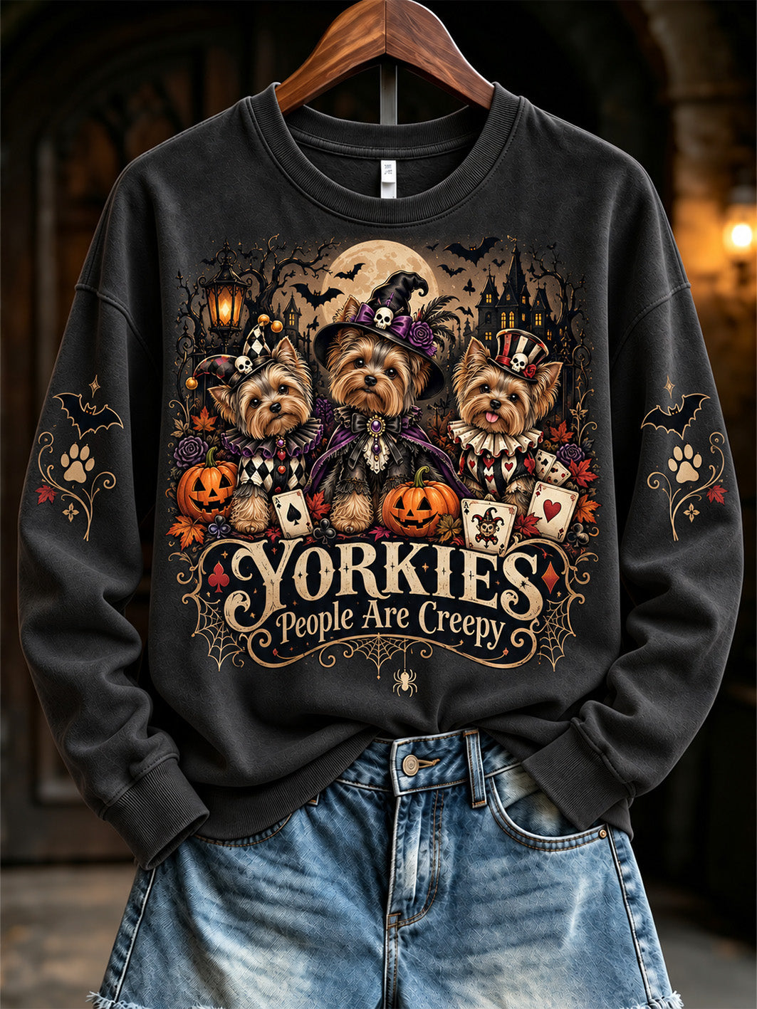 Women's Yorkies  Because People Are Creepy Halloween Dogs Print Regular Sweatshirt