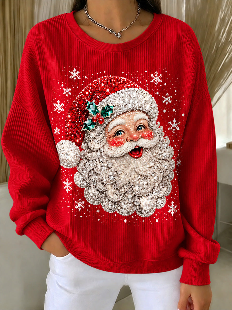 Women's Santa Claus Print Casual Ribbed Round-Neck Sweatshirt