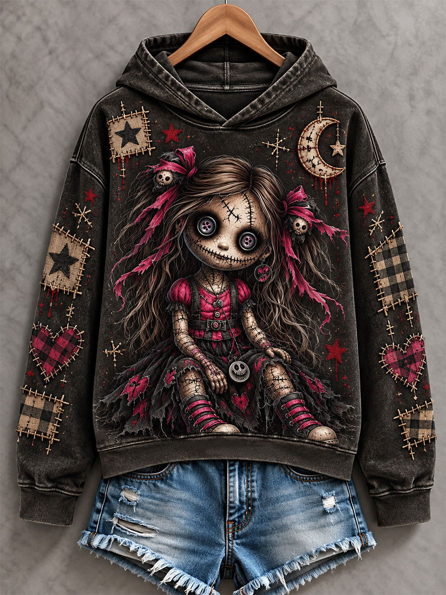 Women's Halloween Creepy Dolls Patchwork Print Casual Off-Shoulder Sweatshirt
