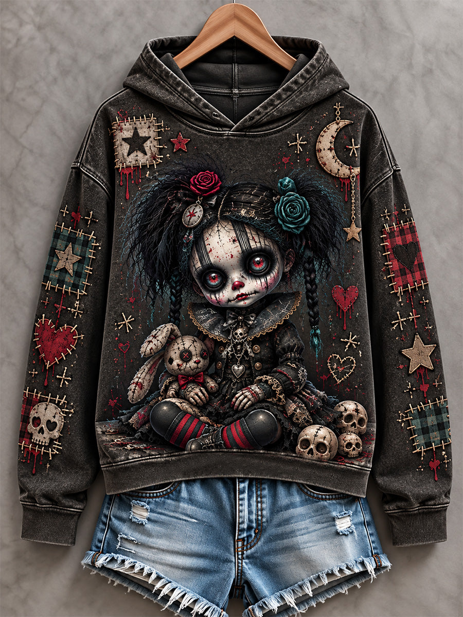 Women's Halloween Creepy Dolls Patchwork Print Casual Off-Shoulder Sweatshirt
