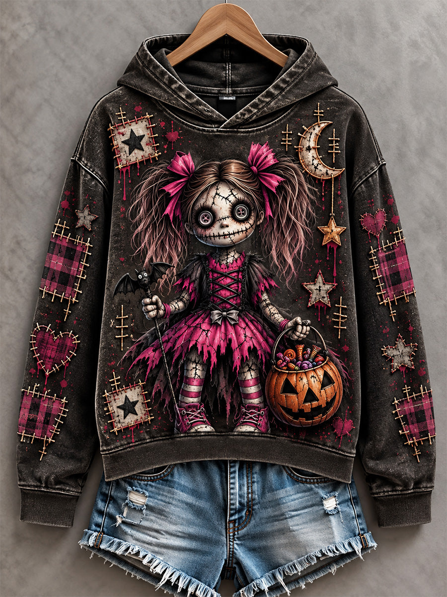 Women's Halloween Creepy Dolls Patchwork Print Casual Off-Shoulder Sweatshirt