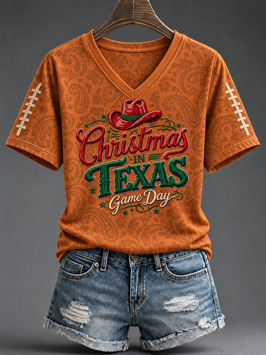 Women's Football Game Day Christmas Fun Print T-Shirt