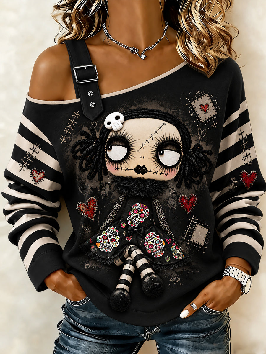 Women's Halloween Creepy Dolls Print  Casual Off-Shoulder Sweatshirt