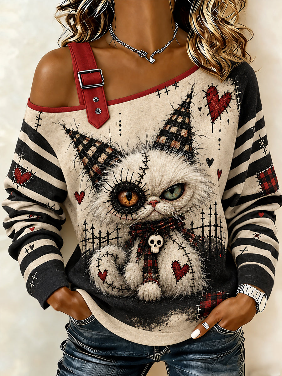 Women's Halloween Creepy Doll Cat Print  Casual Off-Shoulder Sweatshirt