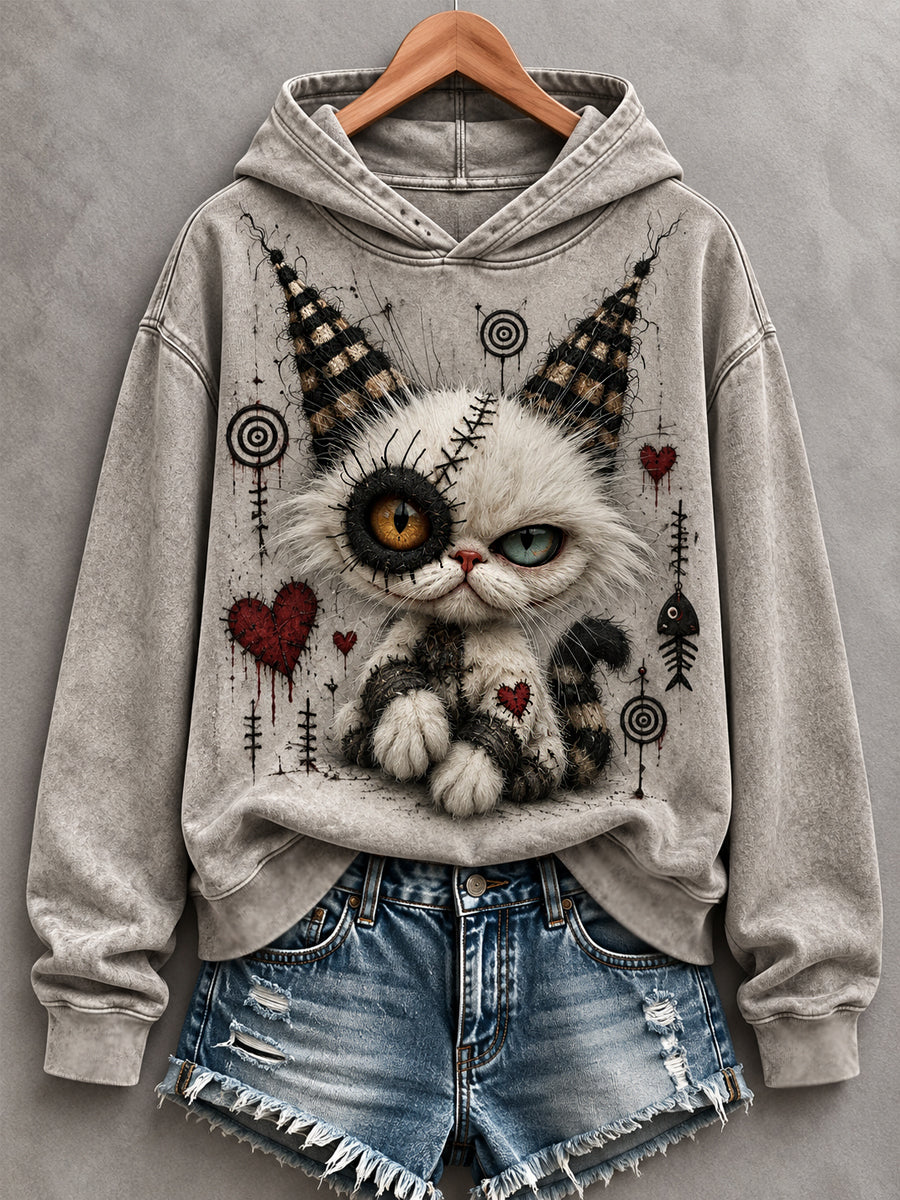 Women's Halloween Creepy Cat Print  Casual Hoodie