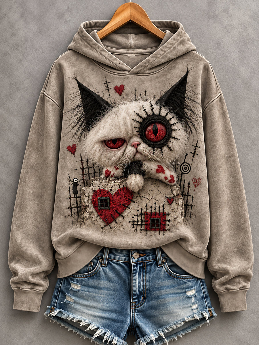 Women's Halloween Creepy Cat Print  Casual Hoodie