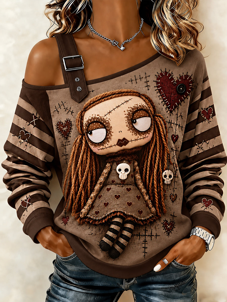 Women's Halloween Creepy Dolls Print  Casual Off-Shoulder Sweatshirt