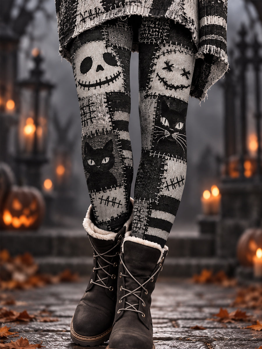 Women's Halloween Black Cat Patchwork Print Leggings