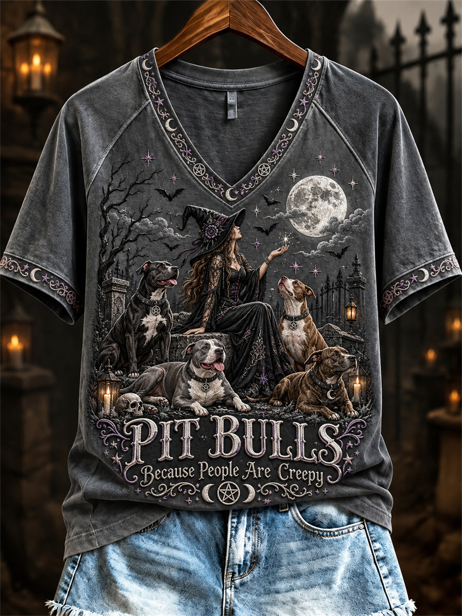 Women's Pit Bulls Because People Are Creepy Halloween Witch & Dogs Print short-sleeved T-shirt
