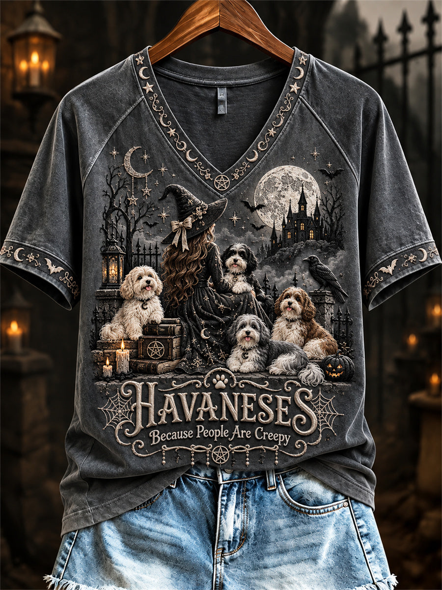 Women's Havaneses Because People Are Creepy Halloween Witch & Dogs Print short-sleeved T-shirt