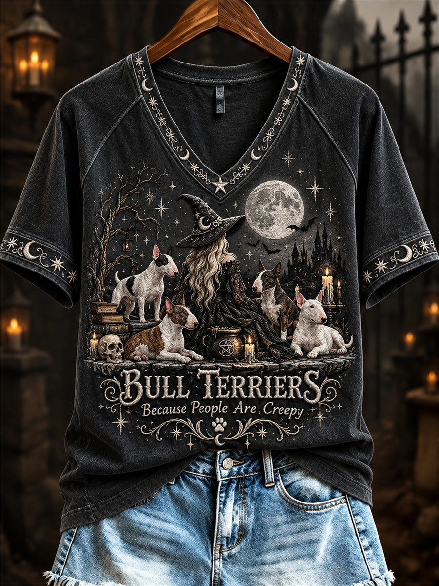 Women's Bull Terriers Because People Are Creepy Halloween Witch & Dogs Print short-sleeved T-shirt