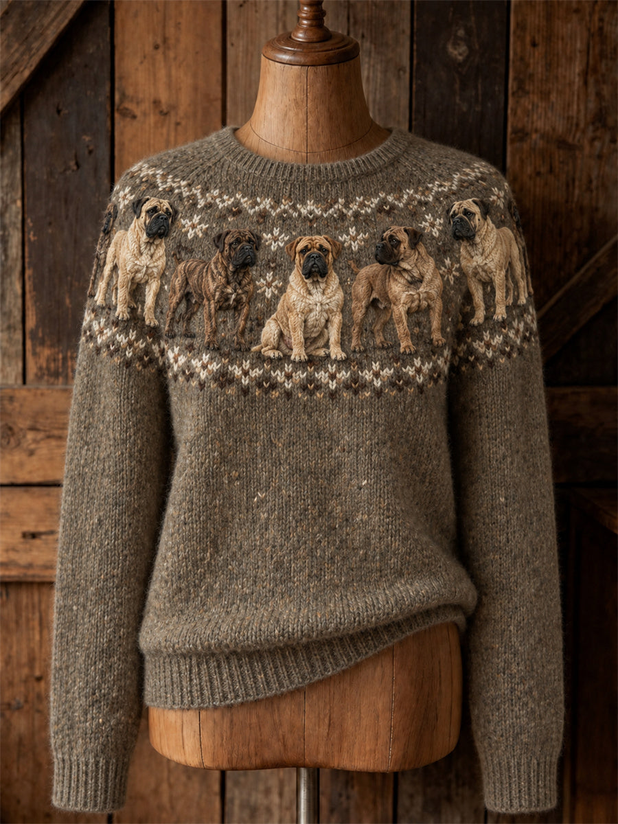 Women's Vintage Mastiff Dogs Yoke Isle Print crew neck sweater