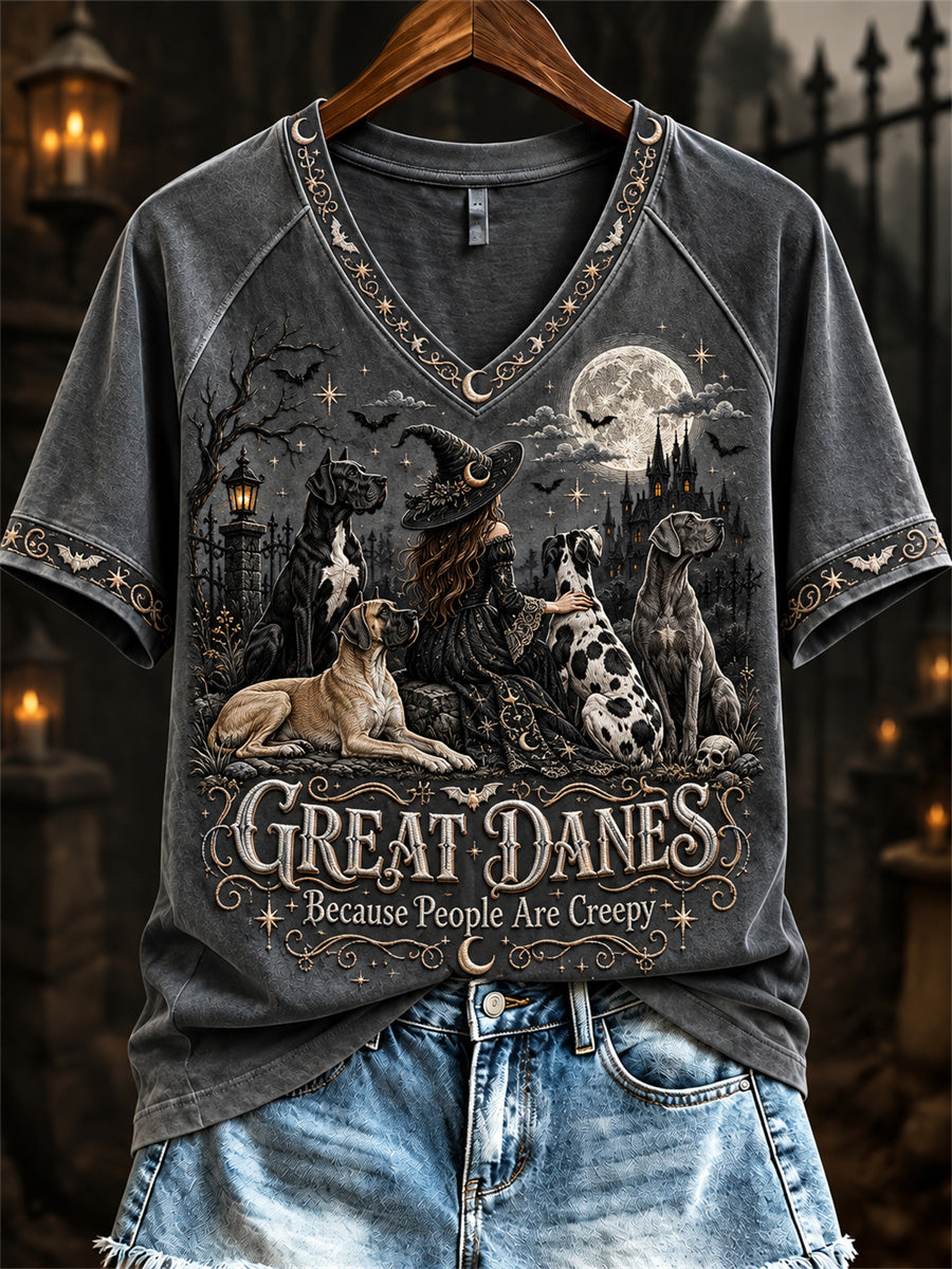 Women's Great Danes Because People Are Creepy Halloween Witch & Dogs Print short-sleeved T-shirt